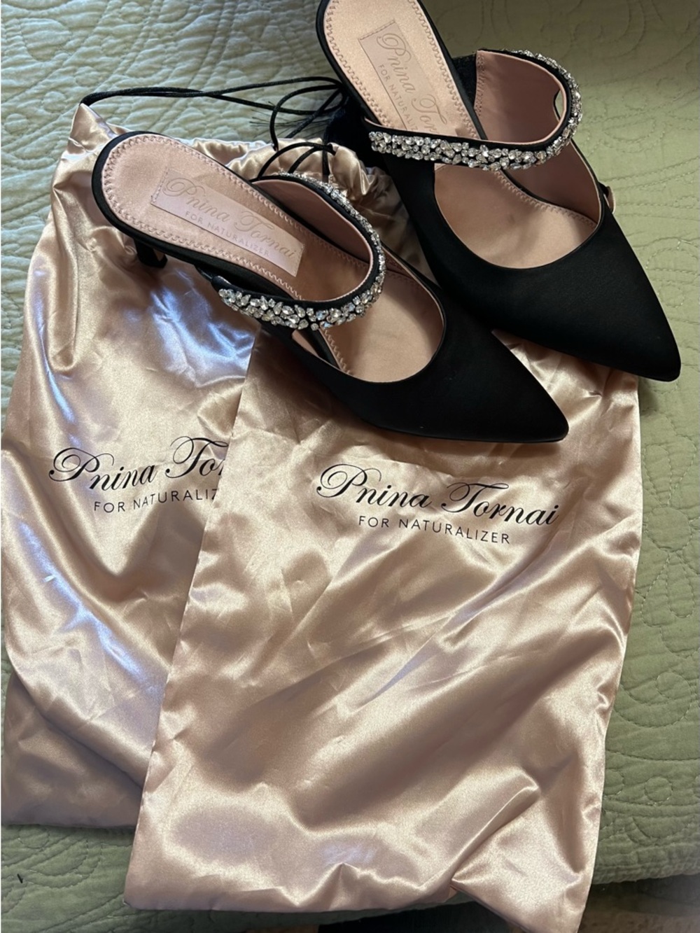 Naturalizer x Pnina Torani Black Pointed Slingback Heels with Crystal Strap